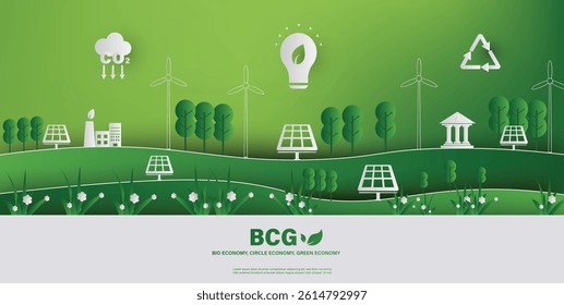 ecology BCG concept for sustainable economy development. Bio economy, circle economy, green economy with icons, solar energy, recycle, carbon emission, city, green house, net zero
