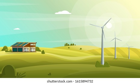 Ecology. Beautiful landscape. House with solar panels and windmills on the field. Farming vector design