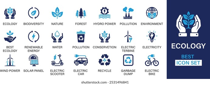 Ecologia melhor coleção de conjuntos de ícones sólidos. Biodiversidade, natureza, mais pobres, energia hidrelétrica, poluição, meio ambiente, melhor ecologia, energia e ilustração vetorial.