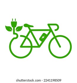 Ökologie Fahrrad auf elektrischen Strom mit Plug und Leaf Silhouette Symbol. Eco Electricity City Transportation Sign. Green Energy Bike Symbol. Umweltschutz. Einzelne Vektorgrafik.