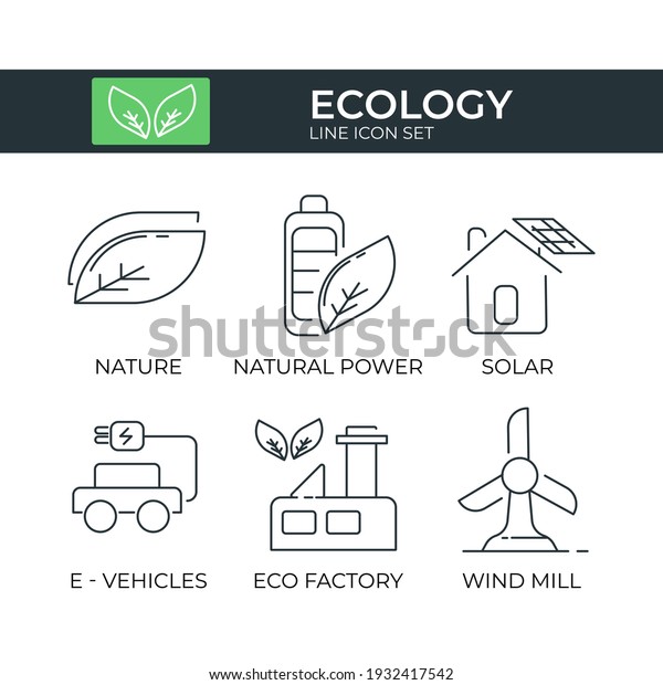 Ecology and Bio Icon\
Set of Leaf, Green Energy, Solar Panel, Electric Vehicle, Green\
Factory, Wind Mill