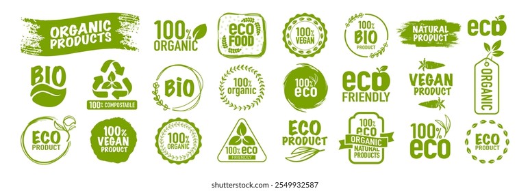 Ecología, bio, logos orgánicos e icono, etiqueta. Productos vegetarianos ecológicos frescos, etiqueta vegana e insignias de alimentos saludables conjunto de Vector