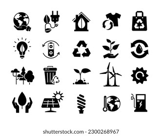 Ecology black icons set. Sustainable lifestyle and renewable energy sources. Windmills and solar panels, trees, plants and trash can. Cartoon flat vector illustrations isolated on white background