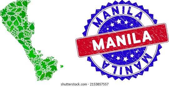 Ecology Boracay Island map composition of herbal leaves in green color shades and grunge bicolor Manila seal. Red and blue bicolored seal with grunge texture and Manila word.