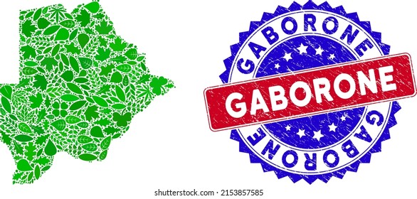 Ecology Botswana map composition of herbal leaves in green color variations and grunge bicolor Gaborone seal stamp. Red and blue bicolored seal with grunge surface and Gaborone caption.