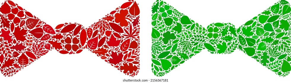 Ökologische Schleife Ikone Collage von Kräuterblättern in Grün-und natürlichen Farbtönen. Ökologische Umgebung, Vektorvorlage für das Symbol der Bugbindung. Das Vektorbild mit der Kuh-Krawatte besteht aus grünen Blumenbildern.
