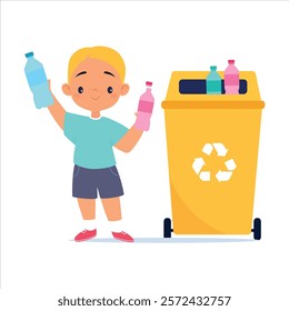 Ecology with Boy Character Throw Plastic Bottle for Recycle Save Planet Vector Illustration