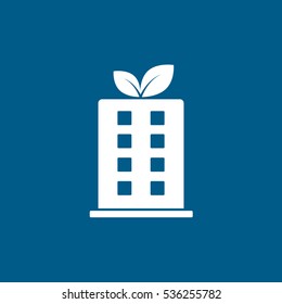 Ecology Building With Leaf Flat Icon On Blue Background