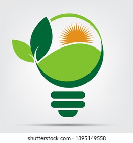 Ecology bulb of green with sun and leaves nature on white background.vector illustrator 
  