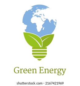 Ecology bulb lamp with leaf logo and globe on white background