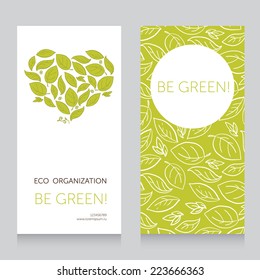 ecology business card template with heart formed leaves, vector illustration