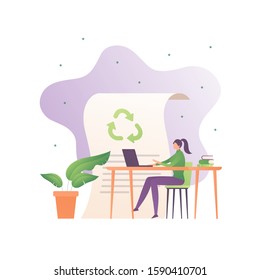 Ecology business concept. Vector flat people llustration. Female sitting at table and laptop on document background with recycle sign. Design element for banner, poster, background, web, infographic.