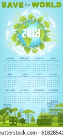 Ecology calendar template with eco green earth planet. Save the world year calendar of globe with trees, wind turbine and green city streetscape on blue sky background. Go green, eco friendly design