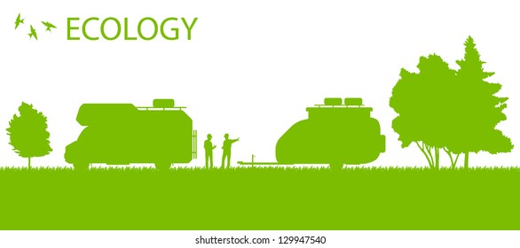 Ecology camping trailer green vector background card concept