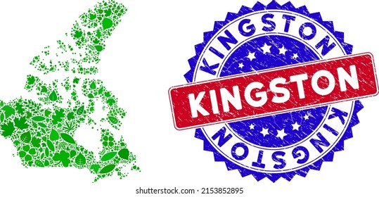 Ökologie Canada v2 Karte Collage von Kräuterblättern in grünen Farbtönen und Grunge bicolor Kingston Robbe. Rotes und blaues, bicfarbenes Siegel mit unscharfem Stil und Kingston-Beschriftung.