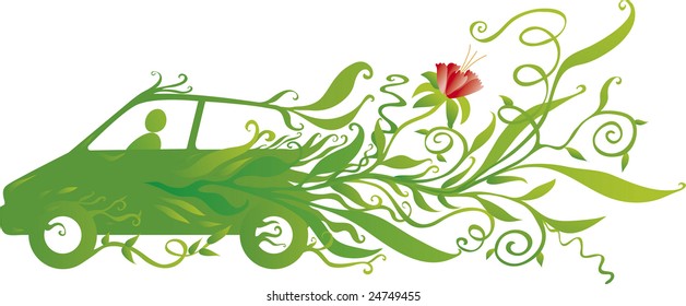 Ecology car with a lot of nature growing from itself
