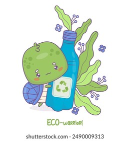 Ecology card. Cute turtle character with water bottle for recycling. Eco-friendly concept, green life, reuse, ecological lifestyle, conservation and protection nature and animals. Vector illustration
