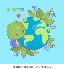 Ecology card. Go green. Cute cartoon turtle character with planet Earth. Concept, green life, conservation and protection of respect for nature and wild animals. Vector illustration