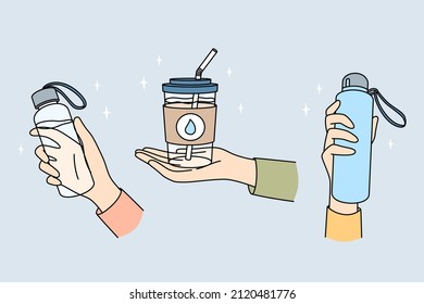 Ecology care and eco-friendly bottles concept. Human hands holding eco-friendly bottles with pictures of drop with water vector illustration 