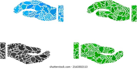 Ecology care hands icon composition of floral leaves in green and natural color hues. Ecological environment vector template for care hands icon.