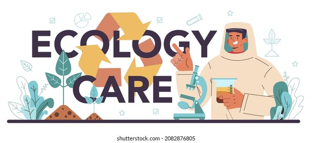 Encabezado tipográfico de cuidado ecológico. Ciencia del suelo, estudio de recursos naturales, análisis de estructuras químicas, pruebas de laboratorio del suelo. Científico midiendo el nivel de contaminación. Ilustración vectorial plana