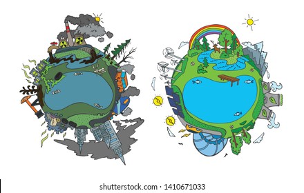 Ecology cartoon comparative concept with clean planet because of use alternative energy sources and dirty earth due to industrial environmental pollution vector illustration