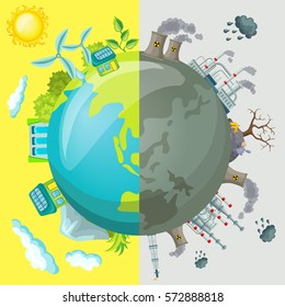 Ecology cartoon comparative concept with clean planet because of use alternative energy sources and dirty earth due to industrial environmental pollution vector illustration