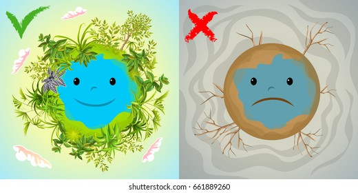 Ecology cartoon comparative concept with clean planet because of use alternative energy sources and dirty earth due to industrial environmental pollution. Vector illustration