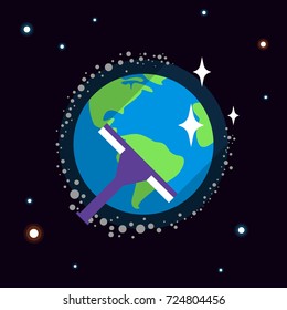 Ecology cartoon comparative concept with clean planet, dirty earth due to industrial environmental pollution vector illustration