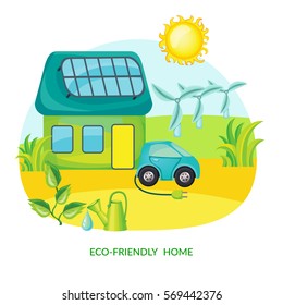 Ecology cartoon template with energy efficient house solar panel electric car sun water can windmills vector illustration