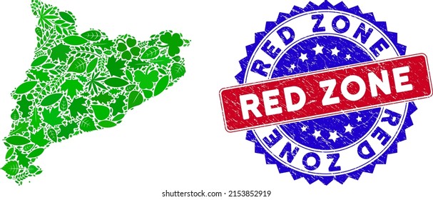 Ecology Catalonia map mosaic of floral leaves in green color shades and grunge bicolor Red Zone seal. Red and blue bicolored stamp with grunge texture and Red Zone word.