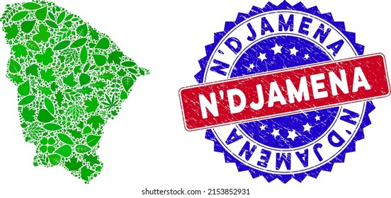 Ecología Collage del mapa estatal de Ceara de hojas de hierbas en tonos verdes con estampado bicolor gris N'Djamena. Bandera bicolores roja y azul con textura corroída y texto de N'Djamena.
