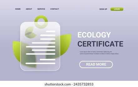 Página de aterrizaje horizontal del certificado ecológico. Servicio de tecnología verde de morfismo de vidrio