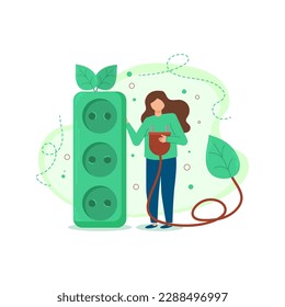 Ecology. The characters develop the concept of green energy. Green sustainable development illustration. The concept of green electricity and energy saving. Vector illustration.