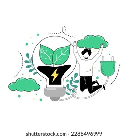 Ecology. The characters develop the concept of green energy. Green sustainable development illustration. The concept of green electricity and energy saving. Vector illustration.