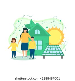 Ecology. The characters develop the concept of green energy. Green sustainable development illustration. The concept of green electricity and energy saving. Vector illustration.