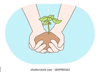 Ecology, charity, environment, earth day concept. Human character hands holding growing sapling or plant. Nature protection and bilogical enviromental friendly care or new life symbol illustration.