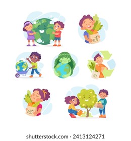 Ecology with Children Character Enjoy Sustainable Lifestyle Vector Set