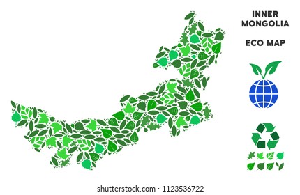 Ecology Chinese Inner Mongolia map composition of herbal leaves in green color tints. Ecological environment vector concept. Chinese Inner Mongolia map is formed of green herbal items.