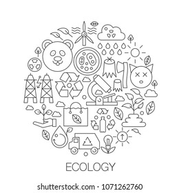 Ecology in circle - concept line illustration for cover, emblem, badge. Ecology thin line stroke icons set.