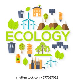 Ecology circle infographics template concept. Icons design for your product or design, web and mobile applications. Vector flat with long shadow illustration on blue background
