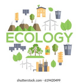 Ecology circle infographics template concept. Icons for your product or design, web and mobile applications. Vector flat with long shadow illustration on blue background