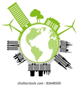 Ecology city and elements background vector concept- wind alternative energy against industrial pollution