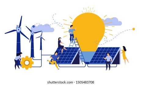 Ecology city environment energy Earth day design. Woman and man building solar panel landscape vector illustration. Concept eco nature save. Recycle wind turbine technology planet windmill clean 