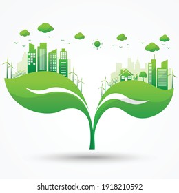 ecology city with environmentally friendly on leaf. world environment day and sustainable development. green city save the world. vector illustration in flat style modern design.