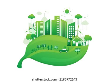 ecology city with environmentally friendly on leaf. world environment day and sustainable development. green save the world. vector illustration in flat style modern design. 