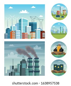 ecology city and industry pollution scenes vector illustration design