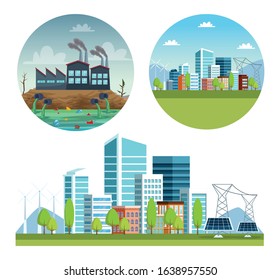 ecology city and industry pollution scenes vector illustration design