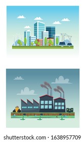 ecology city and industry pollution scenes vector illustration design