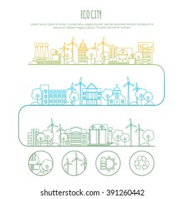 Ecology City Infographic Template With Thin Line Icons Of Eco Farm Technology, Sustainability Of Local Environment, Town Ecology Saving. Outline Design Graphic Image Concept